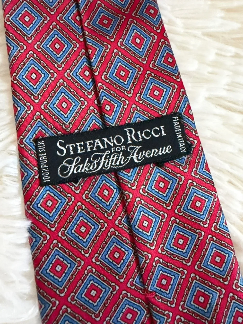 Stefano Ricci Saks Tie 100% Silk Blue Red Geometric  Italy Excellent Condition